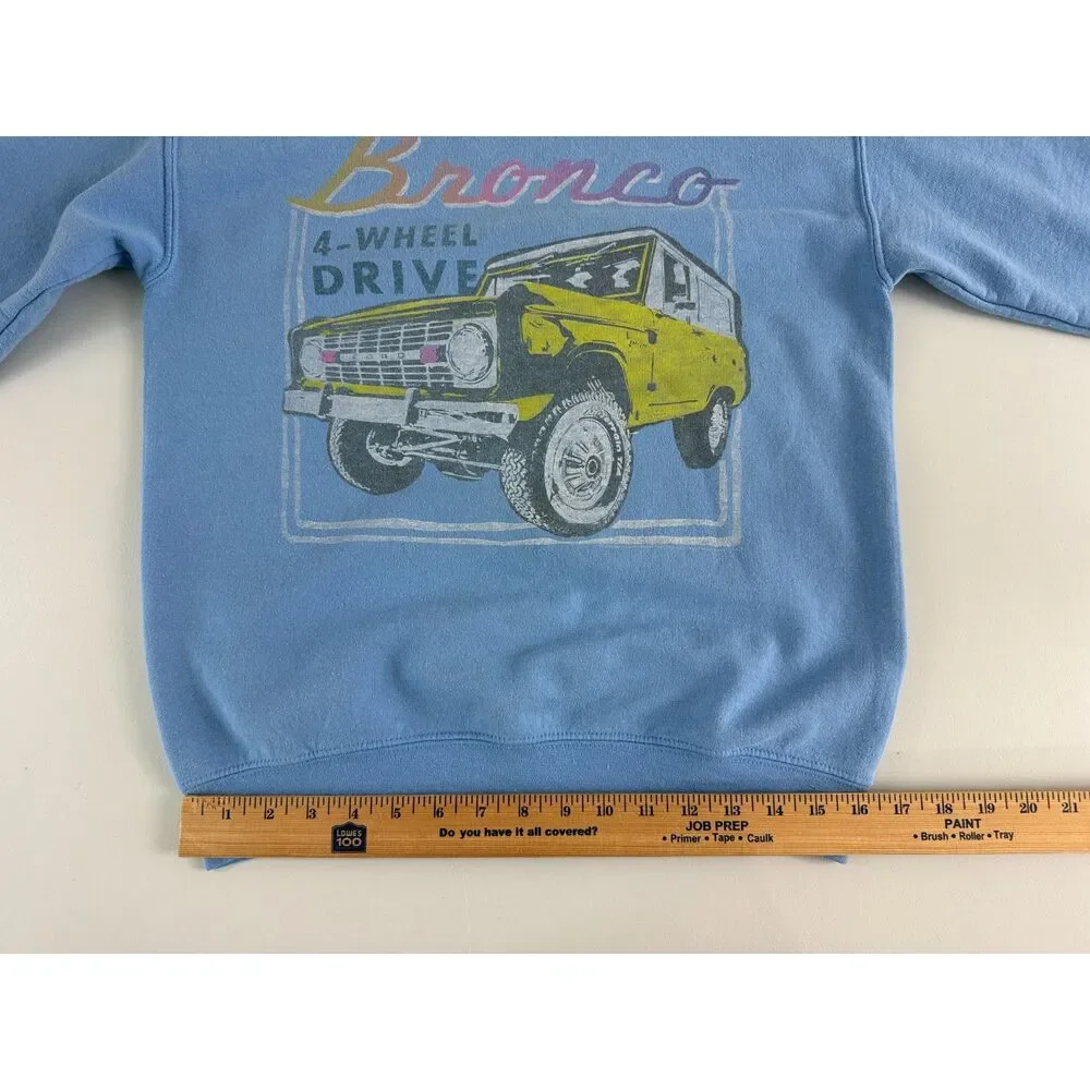 Junk Food Tees Bronco Sweatshirt XS Blue Ford 4 Wheel Drive Graphic Pullover